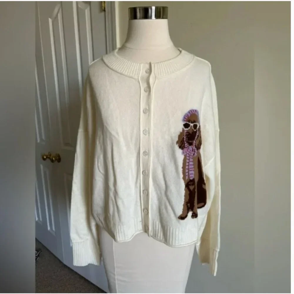 Anthropologie The Goldie Crew Neck Cashmere Blend Dog Cardigan Sweater S - Picture 2 of 10